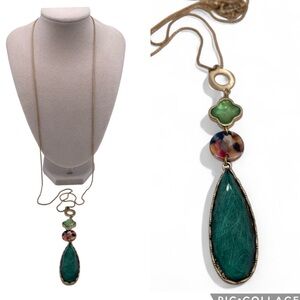 ❤️ Teardrop Faux Columbian Emerald Long Pendant Necklace